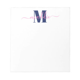 Trendy Girly Script Monogram, Blue und Pink Notizblock