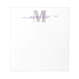 Trendy Girly Script Monogram, Lila und grau Notizblock