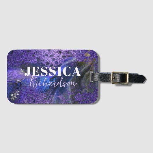Trendy Glam Abstrakter Lila Glitzer Marbella Paint Gepäckanhänger (Vorderseite (Horizontal))