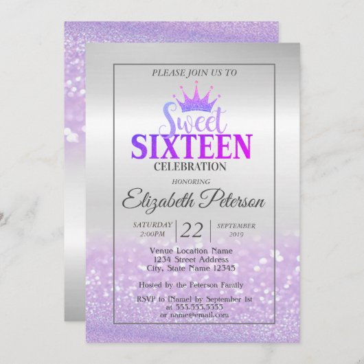Trendy Glitzer Bokeh Ombre, Tiara, Sweet 16 Party Einladung (Vorne/Hinten)