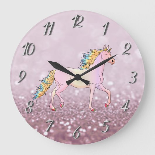 Trendy Glitzer Bokeh, Unicorn Große Wanduhr (Vorderseite)