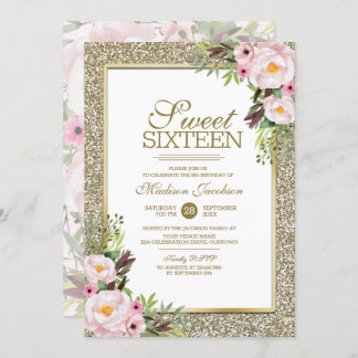 Trendy Glitzer Gold Floral Sweet 16 Party Einladung