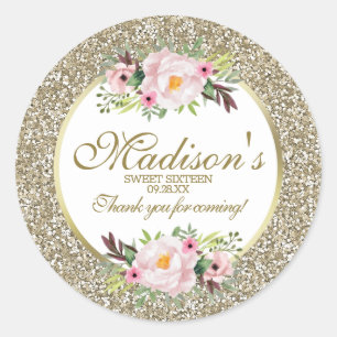 Trendy Glitzer Gold Floral Sweet 16 Vielen Dank Runder Aufkleber