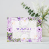 Trendy Glitzer Lila Floral Sweet 16 Vielen Dank Dankeskarte (Stehend Vorderseite)