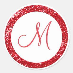Trendy Glitzer Monogram Stickers: Rot Runder Aufkleber