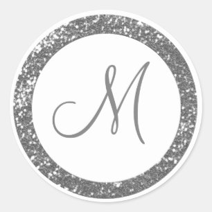 Trendy Glitzer Monogram Stickers: Silver Gray Runder Aufkleber
