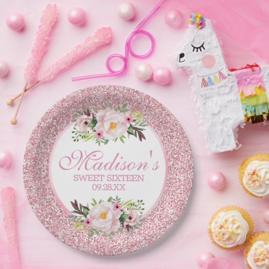 Trendy Glitzer Pink Floral Sweet 16 Pappteller (Party)