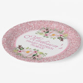 Trendy Glitzer Pink Floral Sweet 16 Pappteller (Schrägansicht)