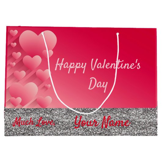 Trendy Glitzer Pink Hearts Valentine Name Geschenk Große Geschenktüte (Rückseite)