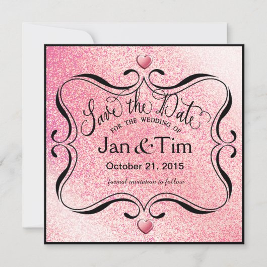 Trendy Glitzer Shimmer Save the Date | rosa Schwar (Vorderseite)