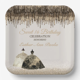 Trendy Gold Ball Gown Sweet 16 Birthday Spark Trop Pappteller