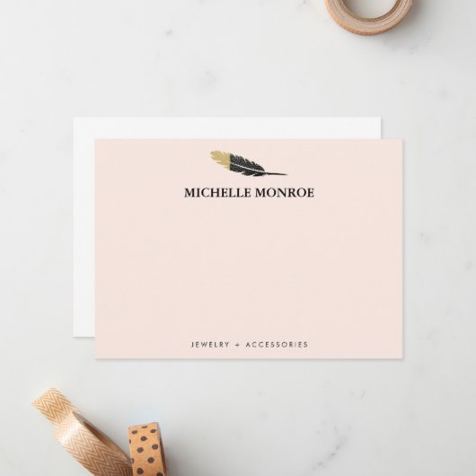 Trendy Gold Dipped Boho Feather Designer Pink Mitteilungskarte (Vorderseite/Rückseite Beispiel)
