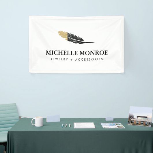 Trendy Gold Dipped Boho Feather Designer White Banner (Messeveranstaltung)