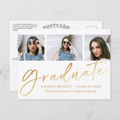 Trendy Gold Foil Script 3 Foto Abschluss Ankündigungspostkarte (Vorne/Hinten)
