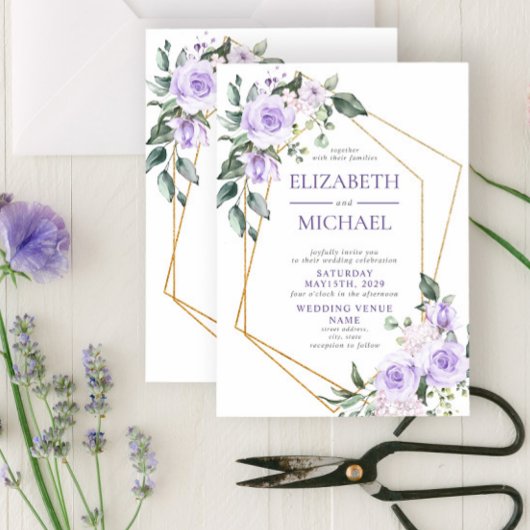 Trendy Gold Geometric Lilac Floral Spring Invitati Einladung