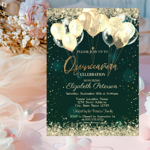 Trendy Gold Glitzer Diamonds Balloons Green Einladung