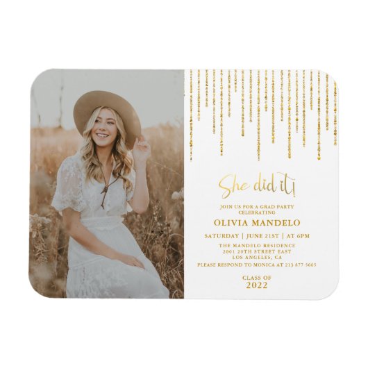 Trendy Gold Glitzer Grad Party Foto Einladung Magnet (Horizontal)