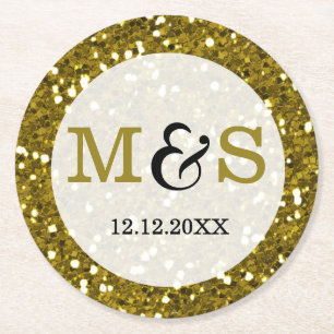 Trendy Gold Glitzer Mit Monogramm Wedding Runder Pappuntersetzer