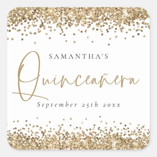 Trendy Gold Glitzer Name Datum Quinceañera Party Quadratischer Aufkleber (Vorderseite)