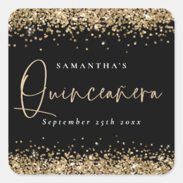 Trendy Gold Glitzer Name Datum Quinceañera schwarz Quadratischer Aufkleber