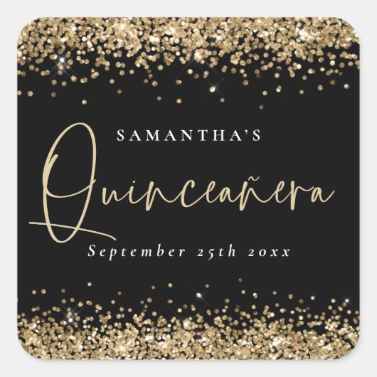 Trendy Gold Glitzer Name Datum Quinceañera schwarz Quadratischer Aufkleber (Vorderseite)