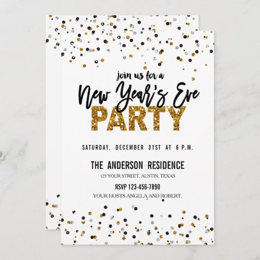 Trendy Gold Glitzer Silvester Party Einladung (Vorne/Hinten)