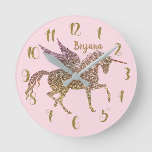 Trendy Gold Glitzer Unicorn Pegasus ANY FARBE Runde Wanduhr