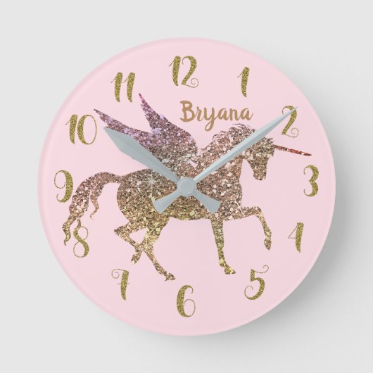 Trendy Gold Glitzer Unicorn Pegasus ANY FARBE Runde Wanduhr (Vorderseite)