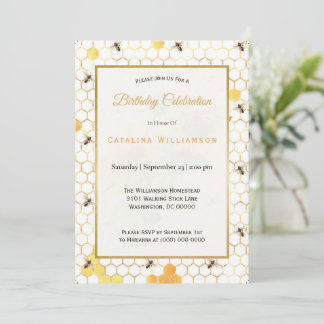 Trendy Gold Honeycomb Bienen Sonnenblumen Geburtst Einladung