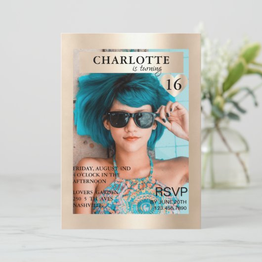 Trendy Gold Magazine Cover-Photo Inspirierte Einladung (Stehend Vorderseite)