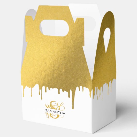 Trendy Gold Metallic Tropfens Script Monogram Geschenkschachtel (Geöffnet)