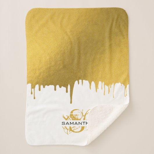 Trendy Gold Metallic Tropfens Script Monogram Sherpadecke (Vorderseite)
