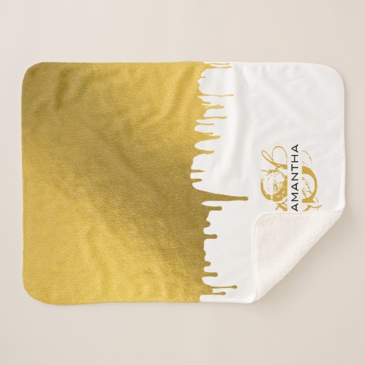 Trendy Gold Metallic Tropfens Script Monogram Sherpadecke (Vorderseite (Horizontal))