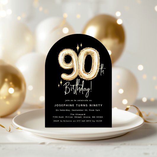 Trendy Gold Ninety Balloons 90th Birthday Party Einladung