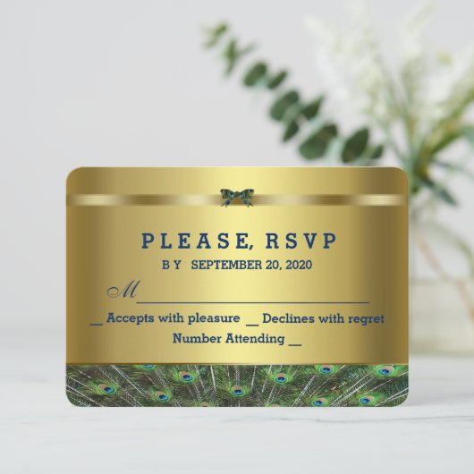 Trendy Gold Peacock Wedding Custom UAWG RSVP Karte (Stehend Vorderseite)