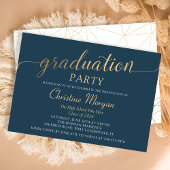 Trendy Gold Script Navy Blue Graduation Party Einladung