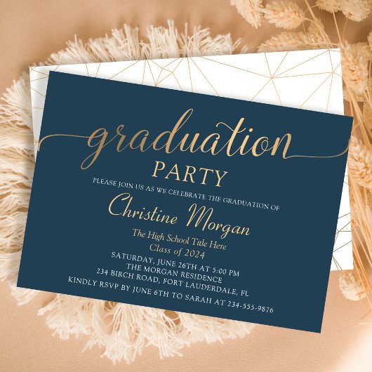 Trendy Gold Script Navy Blue Graduation Party Einladung