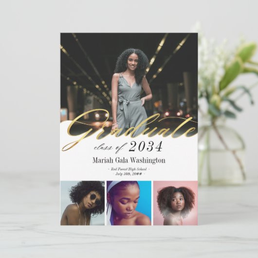 Trendy Gold Script Vier Foto Collage Abschluss (Stehend Vorderseite)