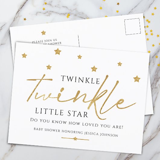 Trendy Gold Stars Twinkle Twinkle Baby Dusche Einladungspostkarte