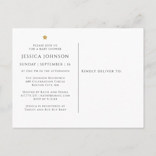 Trendy Gold Stars Twinkle Twinkle Baby Dusche Einladungspostkarte (Rückseite)