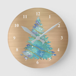 Trendy Gold Teal Glitter Tree Christmas Runde Wanduhr