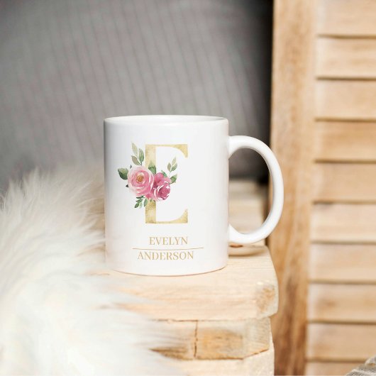 Trendy Gold Watercolor Blume Letter E | Monogramm Kaffeetasse