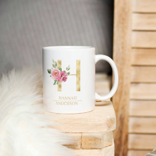 Trendy Gold Watercolor Blume Letter H   Monogramm Kaffeetasse