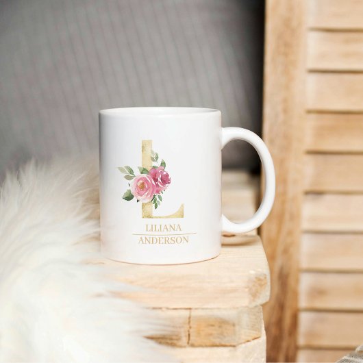 Trendy Gold Watercolor Blume Letter L | Monogramm Kaffeetasse