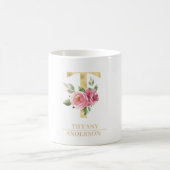 Trendy Gold Watercolor Blume Letter T | Monogramm Kaffeetasse (Mittel)