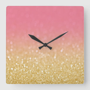 Trendy Goldrosa Ombre Glitzer-Wand-Uhr Quadratische Wanduhr