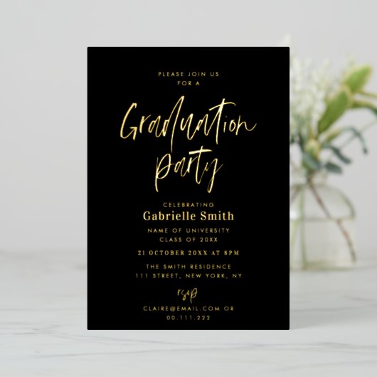 Trendy Goldschrift Graduierungsparty Folieneinladung (Stehend vorne)