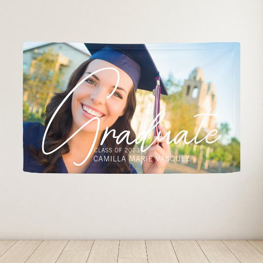 Trendy Graduate Foto White Text Graduation Party Banner