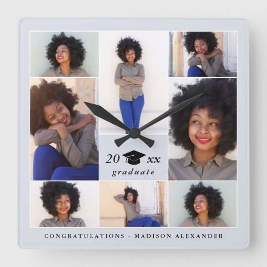 Trendy Graduation Cap Photo Collage Quadratische Wanduhr (Vorderseite)