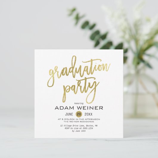 Trendy Graduation Party Einladung Imitats Gold (Stehend Vorderseite)